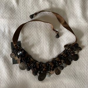 Brown Velvet and Chain Choker Necklace with Antique Coins
